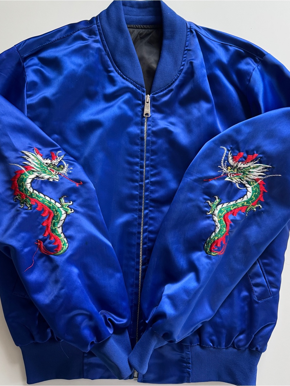 80s Vintage Korea Souvenir Sukajan Dragon Satin War Bomber Jacket Blue - L